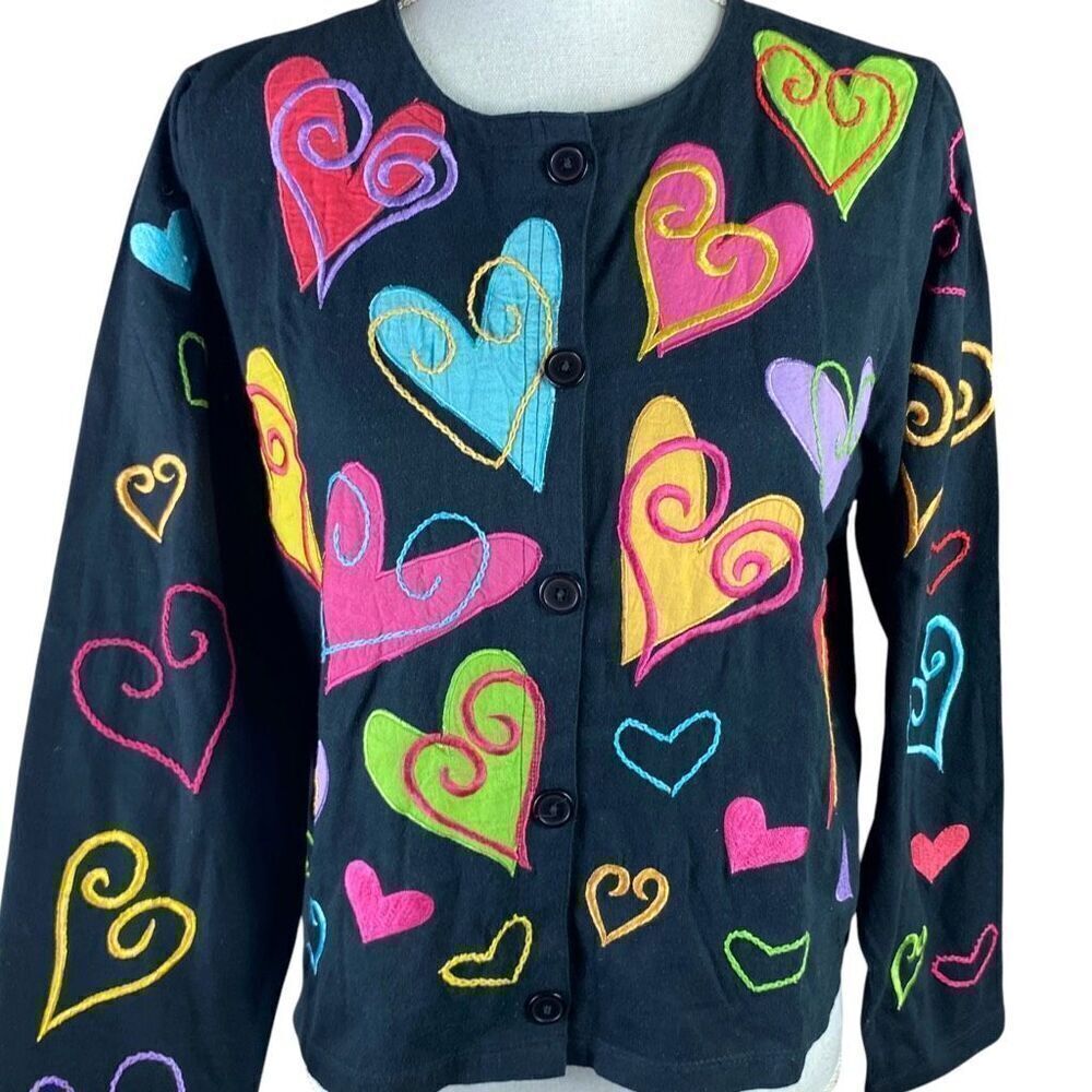 Michael Simon Lite Womens Black Valentine Hearts Embroidered Cardigan Medium